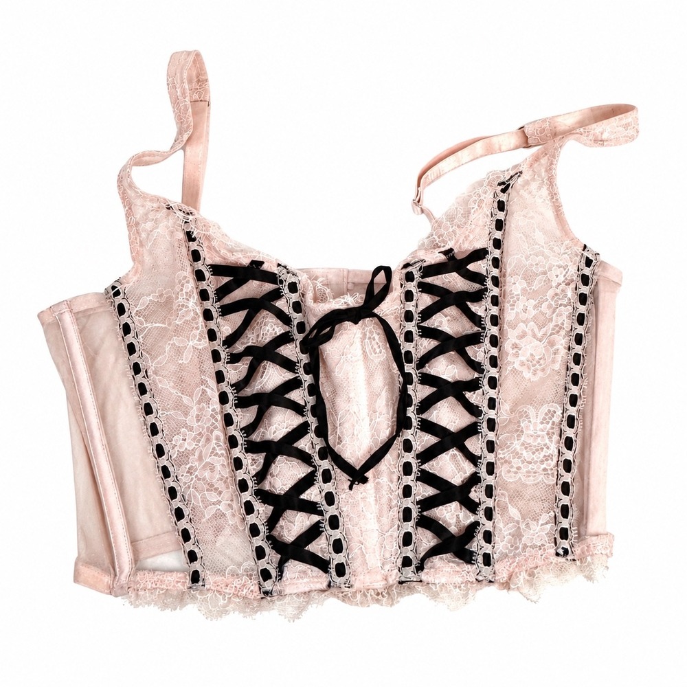 Victorias Secret Dream Angels Pink Lace Corset Top Black Ribbon Small